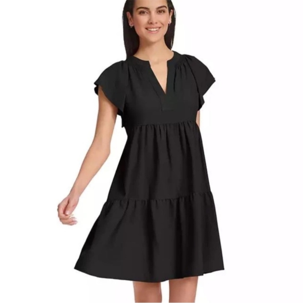 Calvin Klein A Line Split Neck Tiered Dress 2 - Picture 2 of 5